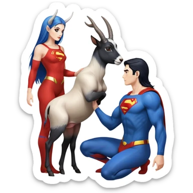 Art of a human white woman's gorgeous body scheme anatomy-very long and straight black to blue hair ombre with tiny goat antlers-leaning back-on knees-superman standing on her right-looking at each other sticker