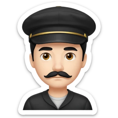 Gere um menino de cabelos preto e boné pro lado com feição séria e bigode sticker