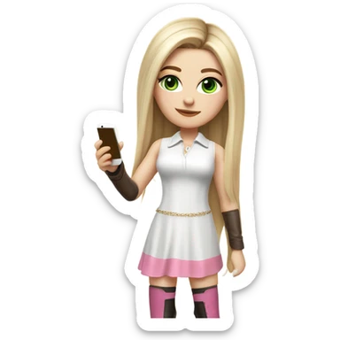 Realistic White girl with Long straight blonde hair, green eyes, tattoos, full body wearing white dress and pink knee-high leather boots, doing cute selfie pose sticker
