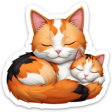 Meme-Worthy Cute Sleeping Calico Cat Portrait Emoji, Head resting peacefully with a content, gentle smile and softly closed eyes, featuring a delicate patchwork fur in vibrant orange, black, and white hues, simplified yet irresistibly endearing, highly detailed, glowing with a soft, drowsy radiance, high shine, exuding relaxed and utterly lovable charm, styled with a gentle, soft glowing outline, capturing the essence of a sleeping calico cat that appears destined to become a viral icon of adorable rest! sticker