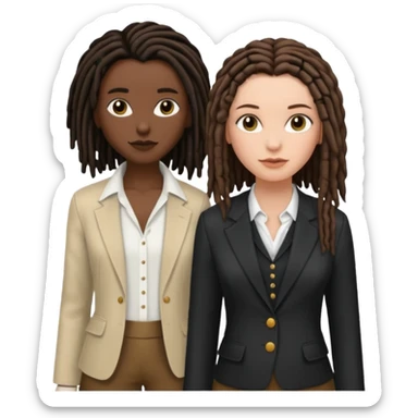 white woman brunette with short hair feminine clothes. And black woman with long dread locks with more masculine clothes sticker