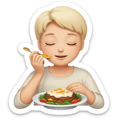 person with closed eyes and blissful expression enjoying delicious food sticker