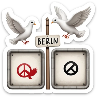 close-up of protest signs with peace dove and Berlin Wall, 1950s and 60s sticker