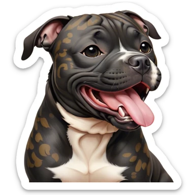 Cinematic Cute Yawning Black/Brindle Staffordshire Bull Terrier Portrait Emoji, Head tilted slightly with a dramatic, wide-open yawn, showcasing a smooth Fur with a striking black and brindle pattern, floppy ears slightly drooping, round dark eyes barely open in drowsy contentment, Simplified yet irresistibly adorable features, highly detailed, glowing with a soft, cozy glow, high shine, relaxed yet expressive, stylized with a touch of whimsy, bright and endearing, soft glowing outline, capturing the essence of a sleepy yet affectionate guardian, so drowsy it feels like it could stretch right out of the screen and curl up for a nap! sticker