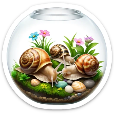 Close-up of large home snails inside a terrarium, showcasing their soft, spiral shells and glistening bodies, with a gentle light highlighting their details. With stones and grass and flowers. Transparent background. sticker