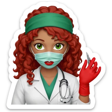 Lilith scalpel in hand, evil surgeon sexy surgeon clothes.  She has green  eyes. She brown long curly hair. Wears sexy doctor outfit with red gloves.hair is free and brown  Wears red bandana to hide  her mouth and nose sticker
