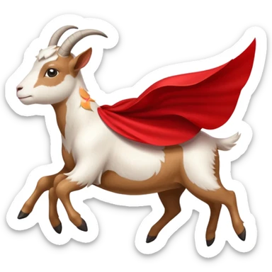side view of white female goat wearing a read cape like superman sticker