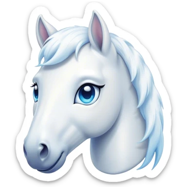 Cinematic Cute White Horse Portrait Emoji, Head tilted playfully and inquisitively, showcasing a glossy white fur with a luminous sheen and gentle, expressive blue eyes, Simplified yet irresistibly adorable features, highly detailed, glowing with a warm, friendly glow, high shine, affectionate and spirited, stylized with a touch of whimsy, bright and endearing, soft glowing outline, capturing the essence of a mischievous yet loving horse, so playful it feels like it could prance out of the screen and into your arms! sticker