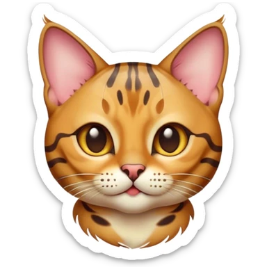 Cinematic Cute Bengal Cat Portrait Emoji, Playful and charming, sleek spotted brown and gold tones, Simplified yet adorable features, highly detailed, glowing with a warm, friendly glow, high shine, curious and affectionate, stylized with a touch of whimsy, bright and alert, soft glowing outline, capturing the essence of a mischievous yet loving kitten, so endearing it feels like it could pounce out of the screen and play! sticker