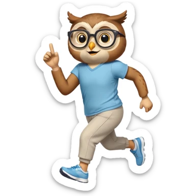 friendly anthropomorphised owl in pants and a shirt, wearing glasses, jogging upright, standard pose sticker