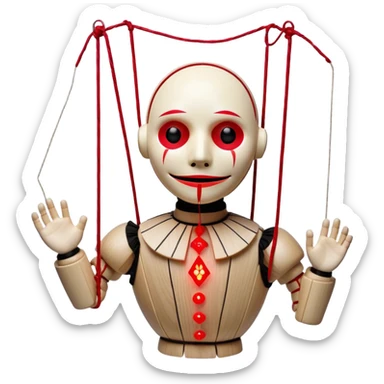 Cursed Marionette A haunted wooden puppet with glowing red strings, cracked porcelain face, and eerie floating movements sticker