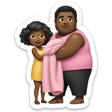 Fat short black kid wearing black shorts, a wife beater carrying a pink blanket over his shoulder saying I love you emma sticker