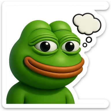 make a pepe in bright green smiling and looking straight at the camera with thought bubble looking at right right in 3d style, good highlights and shadows, drop shadows sticker