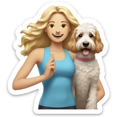 woman with long blonde hair expressing joy dressed in a yoga outfit alongside a tri-colored bernadoodle dog sticker