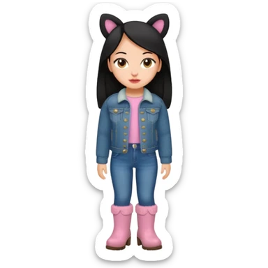 Gordita, ojos pequeños de color cafe oscuro, labios pequeños y rosados, piel trigueña, orejas pequeñas, cabello largo lazio y negro, pequeña. cuerpo completo. vestida con saco de lana jean y botas color café sin orejas sticker