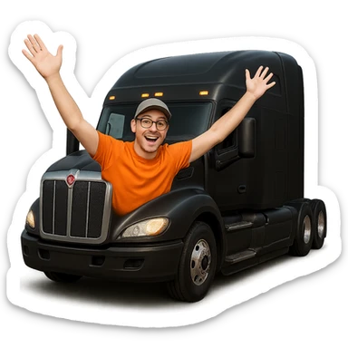 Create a realistic style image of the man from the previous image hanging out the window of a black Kenworth W680 sleeper semi truck, with his arms up in the air. The background should be transparent. sticker