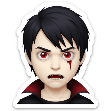 boy vampire with black medium-long emo shaggy hair, dark and spooky, creepy expression sticker
