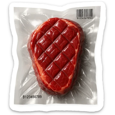 meat steak with diamond texture, shiny and inflated, vacuum-sealed style sticker