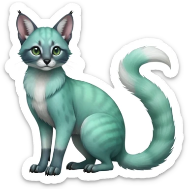 Colorful dark realistic tropical iridescent pale light jade-green, mint-blue, whitish pastel white glorious divine exotic cute cool beautiful shiny beautiful fantasy-caracal-civet-genet-sergal-vernid-Cacomistle-Trico-oncilla-animal-Fakémon-hybrid-fursona (full body) sticker