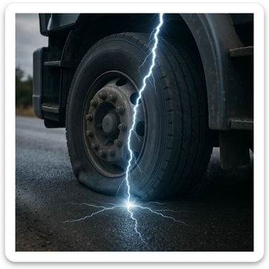 a close-up of a deflated semi tire on a road with a lightning bolt hitting it, realistic style sticker