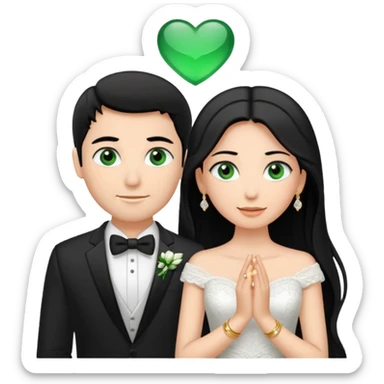 Bride has Black hair and brown eyes Groom has green eyes and brown hair. White gold wedding bands sticker