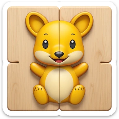 A wooden puzzle animal character with interlocking pieces and a happy expression sticker