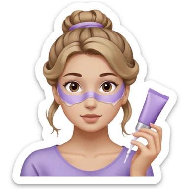 girl with wavy dark blonde hair messy bun applying lilac skincare mask sticker