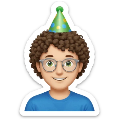 A white guy with curly brown hair and green eyes with a happy face, and wear square glasses.He’s also got a full silver birthday party hat on his head with blue pom poms on top of it, and his T-shirt is all black, he wears a little gold circle earrings on his left  sticker