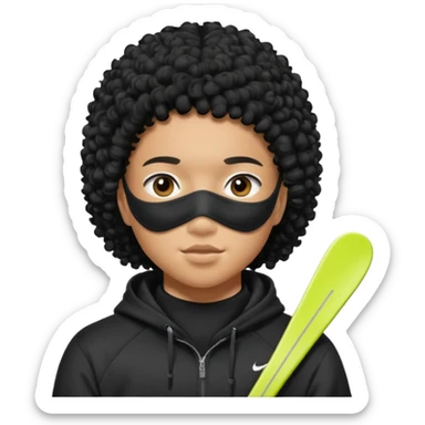 Blasian teenager wearing a hoodie with black curly hair and nike ski mask sticker