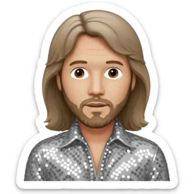 Barry Gibb from Bee Gees with light grey sequin outfit, long brown hair sticker