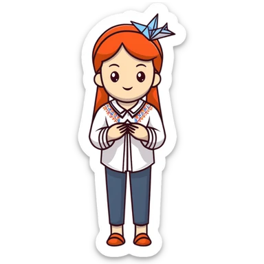 Ukrainian young girl in a white embroidered traditional shirt (vyshyvanka) holding origami paper crane sticker