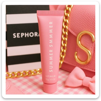 Close-up of a pink lip balm tube labeled 'Summer Fridays', with a Sephora bag and preppy pink accessories around it, bright and playful aesthetic sticker