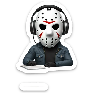 Jason voorhees recording a podcast with a mic and headphones sticker