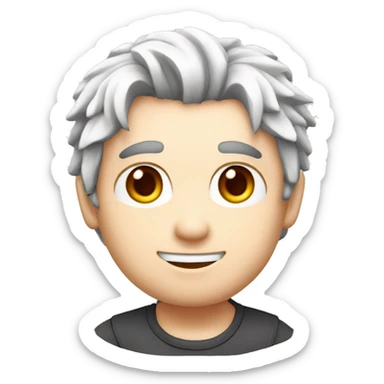 quiero un imagen estilo chibii de un chico con pelo blanco con rojo con orejas de lobo blanco con rojo con dos cola blanca con rojo  que este feliz sticker