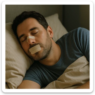 realistic illustration of a man sleeping peacefully with nasal strips on his nose and mouth tape on his mouth, promoting better breathing during sleep, calm and restful atmosphere sticker