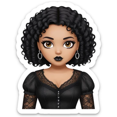 pretty bratz girl, fat pluz size, black curly short hair, brown eyes, black eyeliner, black skin, gothic lace clothes sticker