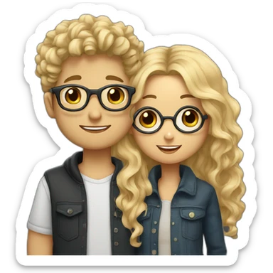 Boy with curly blonde hair and glasses kissing girl with wavy black hair and glasses sticker