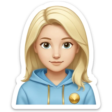 Caucasian female with oval face, light blonde hair with side part, serene smile, light blue sporty hoodie with gold and white fantasy details sticker