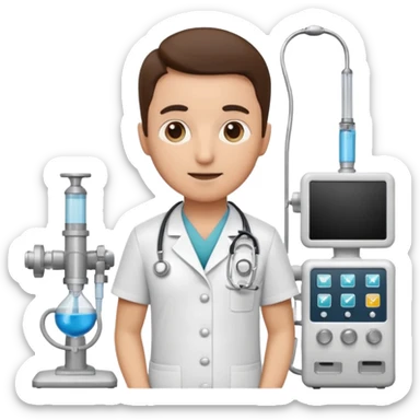doctor character standing next to anesthesia machine, stethoscope, friendly expression, emoji style sticker