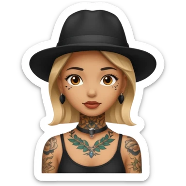girl have tattoo on her full neck and full body with black hat sticker