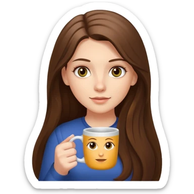  white long brunette hair girl with hazel eyes reading with a mug sticker