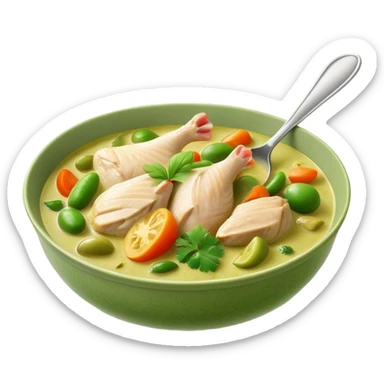 Cinematic Realistic Green Chicken Curry Dish Emoji, depicted with tender chicken simmered in a fragrant green curry sauce with vegetables rendered with rich textures and dynamic, vibrant lighting. sticker