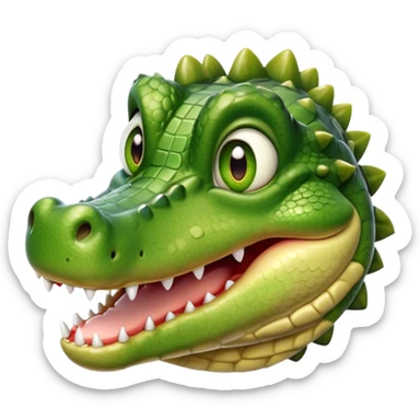 Cinematic Realistic Cute Crocodile Portrait Emoji, Head tilted playfully and inquisitively, featuring a robust, well-defined build with intricately detailed, glossy olive-green scales and a surprisingly endearing face with round, sparkling eyes full of unexpected charm, rendered with lifelike texture and natural highlights, high shine, affectionate and spirited, styled with a touch of wild whimsy, soft glowing outline, capturing the essence of a mischievous yet lovable crocodile that seems poised to snap playfully out of the screen into your arms! sticker