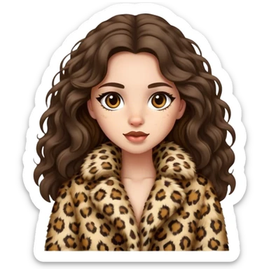 Brunette girl with long wavy hair in fluffy leopard fur coat  sticker