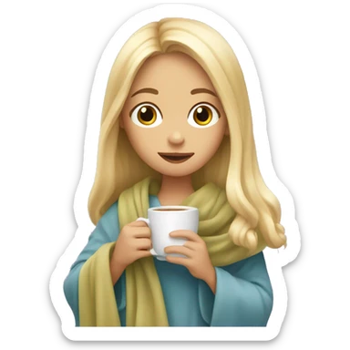 young girl with long blond hair sits drinking tea wrapped in a blanket sticker