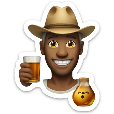 Man with missing teeth, whiskey jug and straw hat sticker