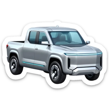 A futuristic electric pickup truck emoji, silver chrome body, angular cyber design, smooth metallic panels, subtle reflections, minimalistic proportions, iOS emoji style, centered composition, clean white background, soft lighting sticker
