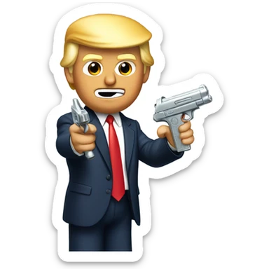 Donald trump holding a silver squirt gun in one hand and aiming the quirt gun at the side of his head sticker