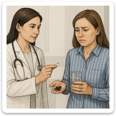 A realistic or illustrative style image of a doctor in a white coat handing medicine to a woman with symptoms. The woman holds pills and a glass of water, with a suffering or worried expression. The background is clinical, inspired by the reference image. sticker