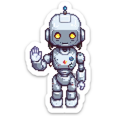shoulders-up portrait of a cute female recruiter robot, 8-bit pixel art style, metallic, talking, one hand in the air as if presenting sticker